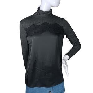 Joe Fresh Blouse Size Small Black and Gray High Neck Long Sleeve Lace and Satin